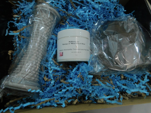 A foot massager you put under your foot and roll back and forth. The pain cream can be used anywhere on the body, including foot pads.