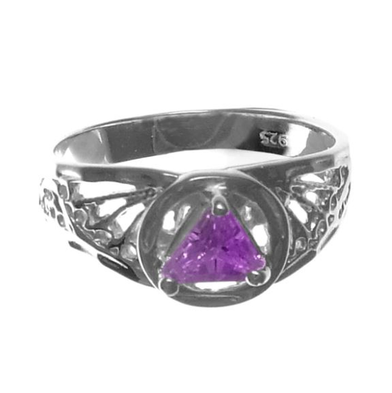 Sterling Silver, AA Symbol Ring CZ Triangle in Purple Amethyst