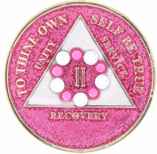 AA Bling w Pk/Wh Crystal Circle on Glitter Pink Medallion (Yrs 1-65)