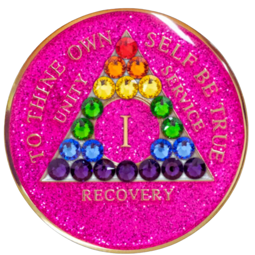 AA Bling w LGBT Crystal Triangle on Pink Coin Years 1-65