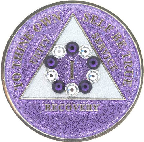 AA Bling w Pk/Wh Crystal Circle on Glitter Lavender Coin (Yrs 1-65/24 hrs, mnth