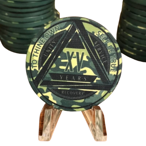 Green Camo AA Yearly Chip Alcoholics Anonymous Recovery Chip