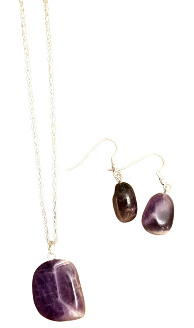 Amethyst Tumbled Stone Pendant Necklace & Earring Set - Purple Crystals Amethyst Tumbled Stone Pendant Necklace & Earring Set - Purple Crystals