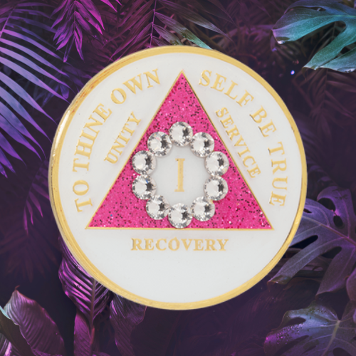 AA Glow In Dark, Pink Glitter w/ Bling Medallion (Years 1-50) AA Glow In Dark, Pink Glitter w/ Bling Medallion (Years 1-50)