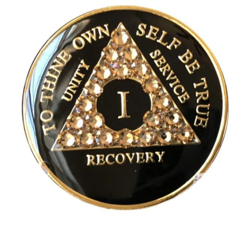 AA Medallion Black w Topaz Triangle Crystals Yrs 1-65, Days, Months