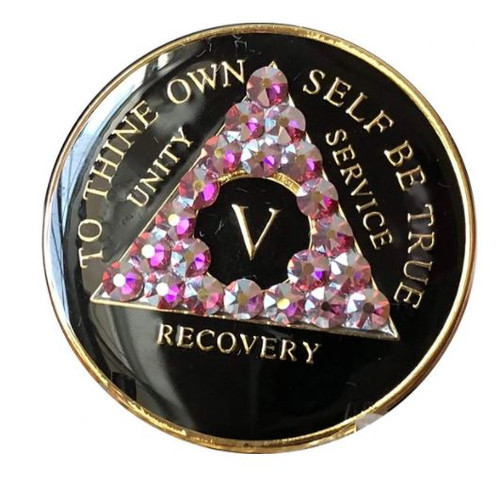 AA Medallion Black w Rose AB Triangle Crystals Yrs 1-65, 24hrs, 18 mnths