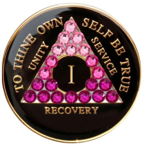 AA Medallion Black Pink Transition Bling Crystals Yrs 1-65, Days, Months