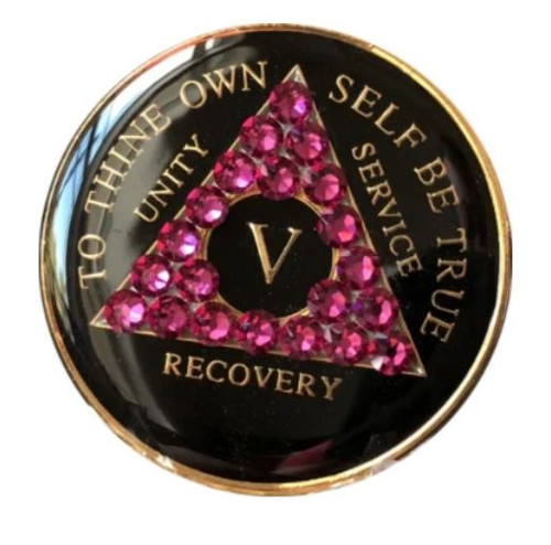 AA Medallion Black w Pink Bling Crystals (Yrs 1-65, Days, Months)