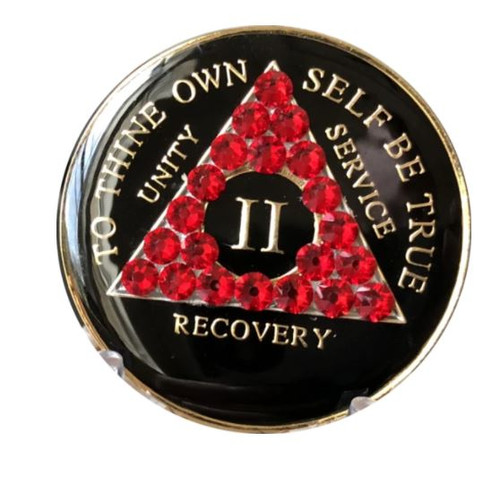 AA Medallion Black w Red Triangle Bling Crystals (Yrs 1-65, Days, Months)