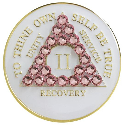 Sobriety Chip AA Rose Bling Crystallized White Medallion 1 - 40 years