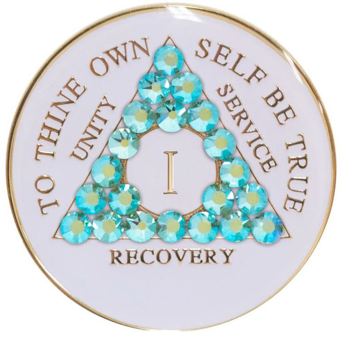 Sobriety Chip AA Peridot AB Bling Crystallized White Medallion 1-40 years