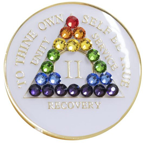 Sobriety Chip AA Rainbow Bling Crystallized White Medallion 1 -40 years