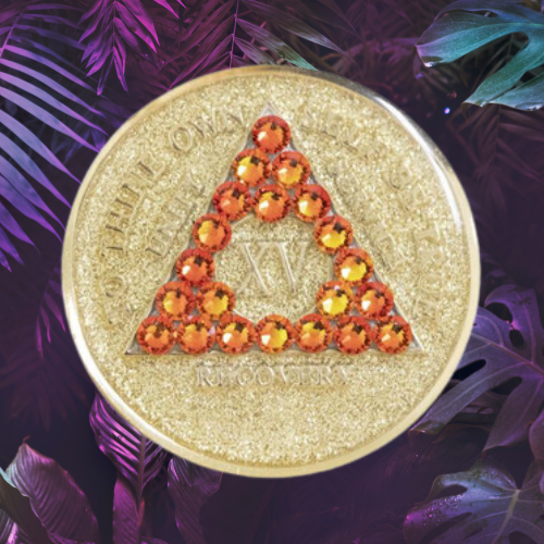 Sobriety Chip AA Fire Opal Bling Crystallized Glitter Gold Medallion 1-40 yrs Sobriety Chip AA Fire Opal Bling Crystallized Glitter Gold Medallion 1-40 yrs