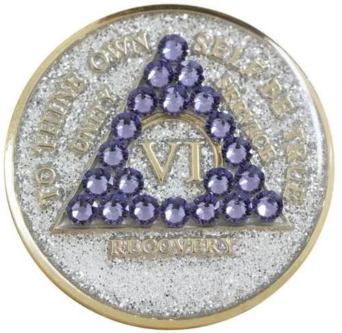 Sobriety Chip AA Tanzanite Bling Crystallized Glitter Silver 1 - 40 years