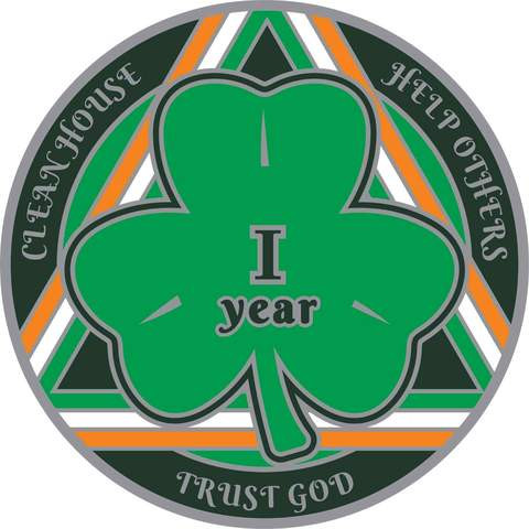 Green Shamrock Recovery Medallion in years 1-50 Serenity Prayer in Gaelic on rear