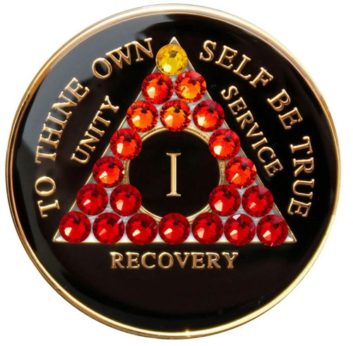 AA Medallion Black Red Transition Bling Crystals 1-65 yrs, 24 hrs, 18 mnths