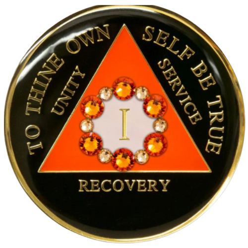 AA Black Recovery Medallion w Orange Bloom Bling (Yrs 1-40)