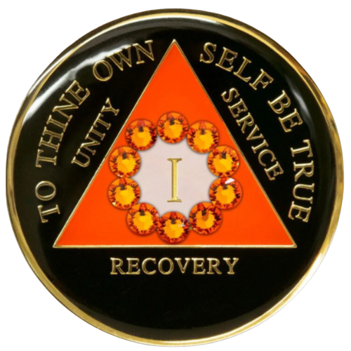 AA Black Recovery Medallion w Orange Unity Bling (Yrs 1-40)