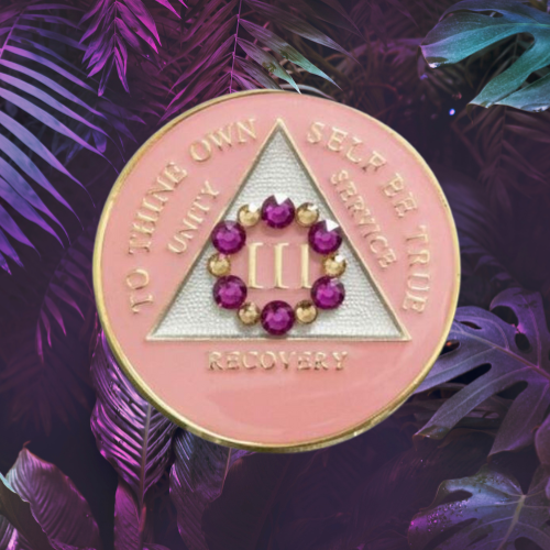 Bling Tri-Plate Medallion Pink Bloom AA Alcoholics Anonymous Bling Tri-Plate Medallion Pink Bloom AA Alcoholics Anonymous