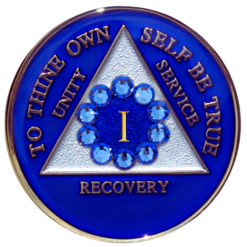AA Blue Medallion w Blue Circle Crystals Years 1-65, 24 hrs, 18 mnths AA Blue Medallion w Blue Circle Crystals Years 1-65, 24 hrs, 18 mnths