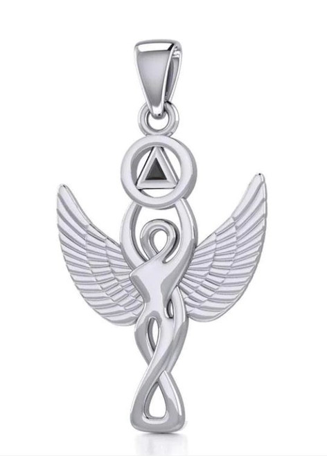 Silver Winged Goddess Pendant With Inlaid Recovery Symbol - DoingItSober