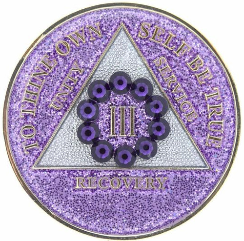 AA Purple Crystal Bling Circle on Glitter Lavender Coin Yrs 1-65 24hrs, 18mths AA Purple Crystal Bling Circle on Glitter Lavender Coin Yrs 1-65 24hrs, 18mths