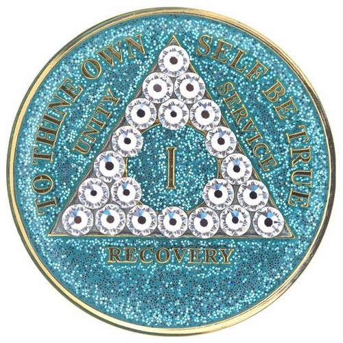 AA Turquoise Glitter Medallion W White Triangle Bling (Years 1-50) AA Turquoise Glitter Medallion W White Triangle Bling (Years 1-50)