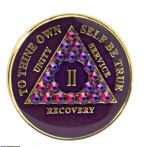 AA Alcoholics Anonymous Tri-plate Purple & Volcano Crystals Medallion