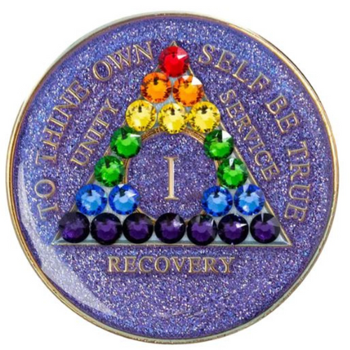 AA Bling w LGBT Crystal Triangle on Glitter Lavender Coin (Yrs 1-65) AA Bling w LGBT Crystal Triangle on Glitter Lavender Coin (Yrs 1-65)