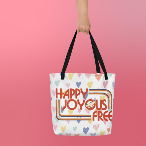 Happy Joyous and Free Double Sided w/Pocket Large Tote Bag Happy Joyous and Free Double Sided w/Pocket Large Tote Bag