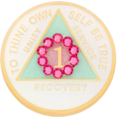 New Premium AA Bling Crystal Yearly "Pink Cloud" Glitter Recovery Medallion New Premium AA Bling Crystal Yearly "Pink Cloud" Glitter Recovery Medallion