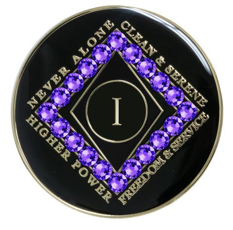NA Black Clean Time Yearly Medallion Purple Velvet Crystals Yrs 1-40