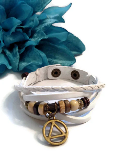Leather Bronze AA Bracelet Snap Closure - White Leather Bronze AA Bracelet Snap Closure - White