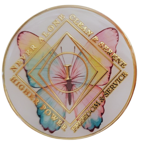 NA Butterfly White Clean Time Yearly Medallion Yrs 1-10, 15, 20 ,25 NA Butterfly White Clean Time Yearly Medallion Yrs 1-10, 15, 20 ,25