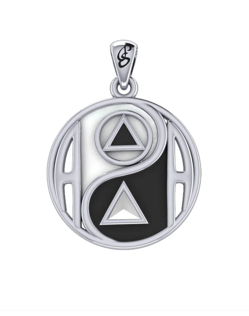 Balancing Yin Yang With AA Recovery Symbol Sterling Silver Pendant with Black and White Enamel
