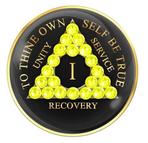 AA  Black w NEON YELLOW Crystals Recovery Medallion (1-40)