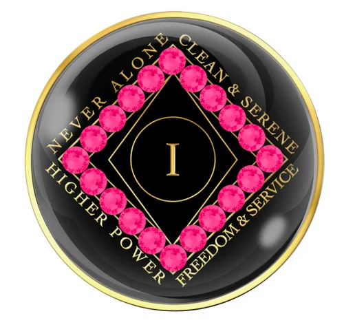 NA Black Clean Time Yearly Medallion NEON Pink Crystals Yrs 1-40