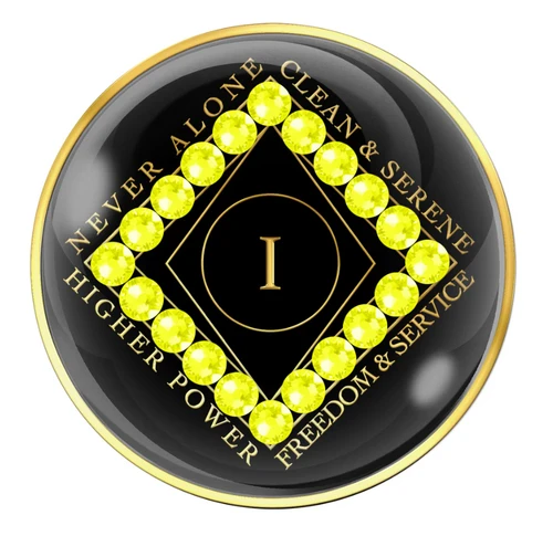 Copy of NA Black Clean Time Yearly Medallion NEON Yellow Crystals Yrs 1-40