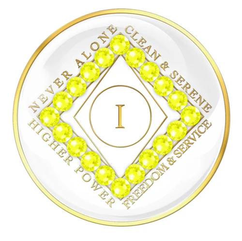 NA White Clean Time Medallion NEON YELLOW Crystals Yrs 1-40