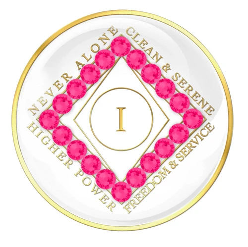 NA White Clean Time Medallion NEON PINK Crystals Yrs 1-40