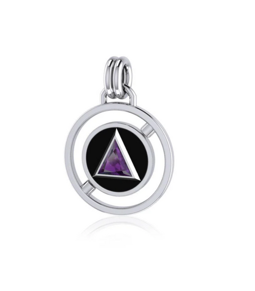 Double Circle Revolving AA Symbol Sterling Silver Pendant with Gem