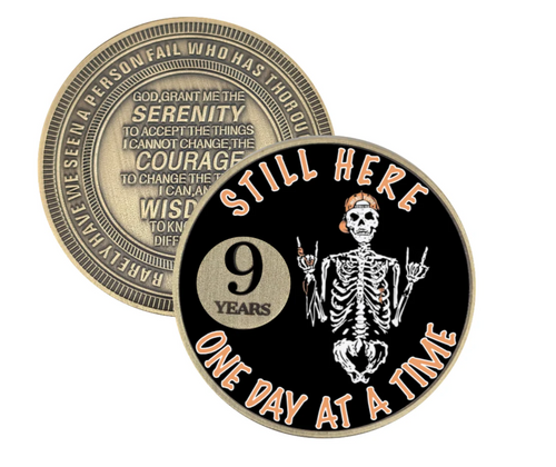 Still Here Sobriety Coin – Engraved Recovery Medallion