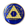 AA Alcoholics Anonymous Blue Yellow Bling Medallion 1-65 yrs, 24 hrs, 18 mnths