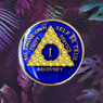 AA Alcoholics Anonymous Blue Yellow Bling Medallion 1-65 yrs, 24 hrs, 18 mnths
