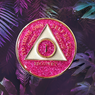 Pink Glitter Tri-plate Medallion AA Alcoholics Anonymous Anniversary Coin