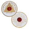 Description: This gorgeous tricolor enamel AA medallion / AA coin features the time-honored Twelve Step program phrase "To Thine Own Self Be True," with the anniversary year and "Unity, Service, Recovery" on one side, and the Serenity prayer on the other.
