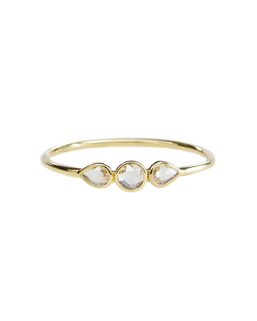 18ct Gold Round & Pear Three Stone Rose Cut Diamond Ring, tf diamonds, tomfoolery