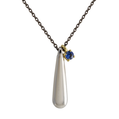 Atelier Errikos, Rhodium Plated Silver and 14ct Gold Sapphire Drop Pendant Necklace, Tomfoolery