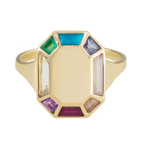 Tomfoolery; 9ct Yellow Gold Rainbow Colour Path 2 Octagon Gemstone Ring, Tableau