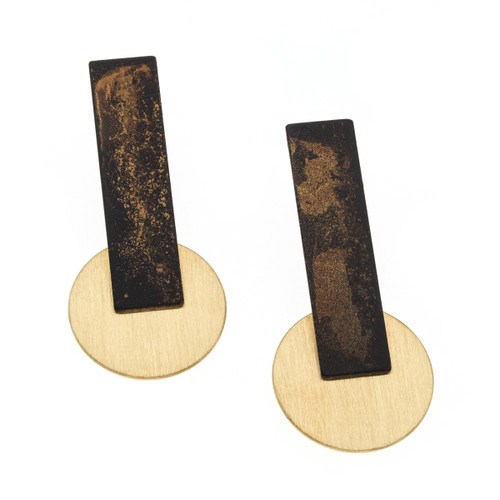 tomfoolery, Oxidised Silver and Gold-Plated Disc Drop Earrings, deco echo